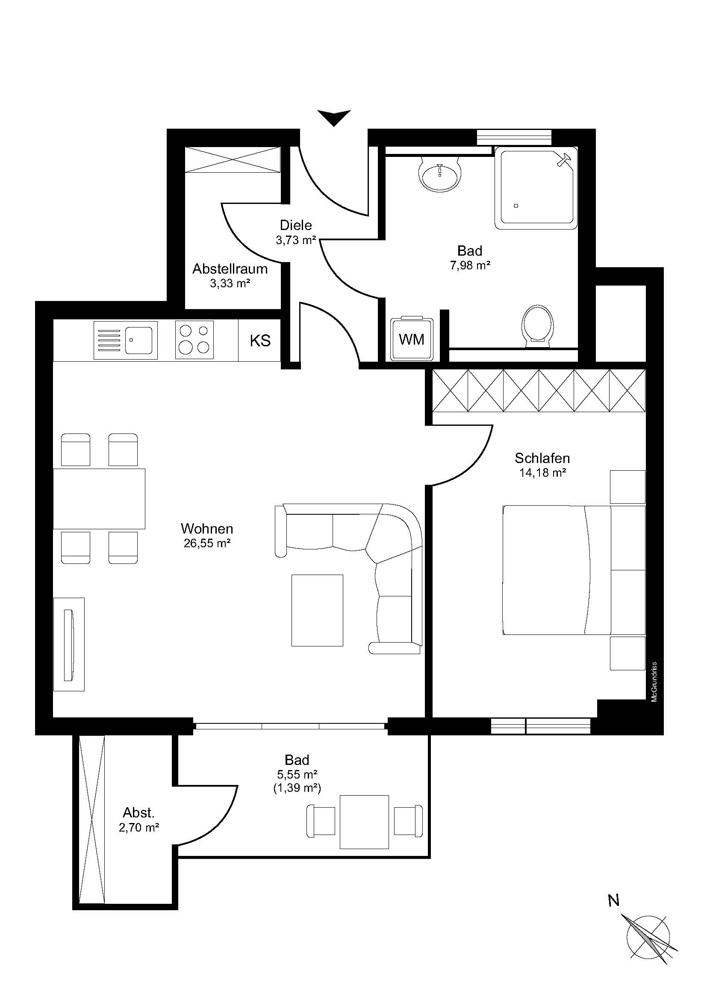 Geförderte Wohnung für zwei Personen - Grundriss