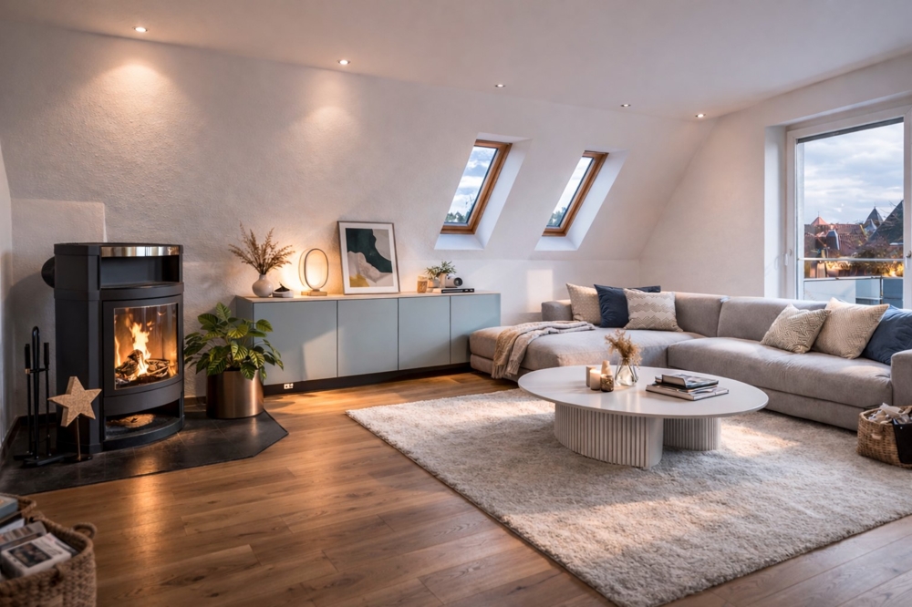 Edle Maisonette-Wohnung mit tollen Aussichten - großzügiges Wohnzimmer mit Ausblick und Kamin