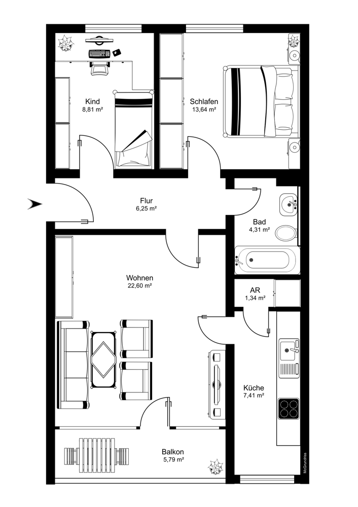 Licht, Lage, Balkon – charmante 3-Zimmer-Wohnung - Grundriss